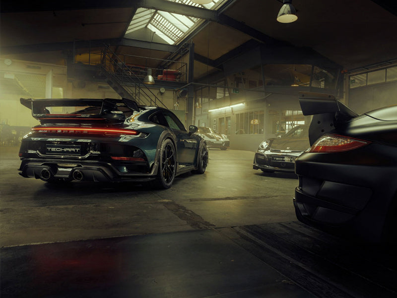 Lineup of Porsche GT and GT RS models showcasing high-performance Techart enhancements and luxury customizations by Heinz Performance